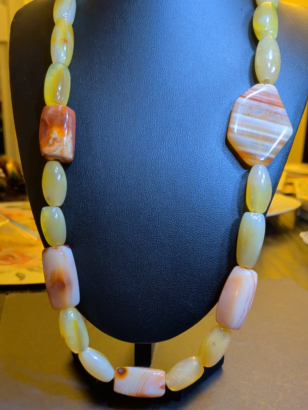 Gorgeous Banded And Yellow Polished Agate Semiprecious Stones Necklace +Earrings